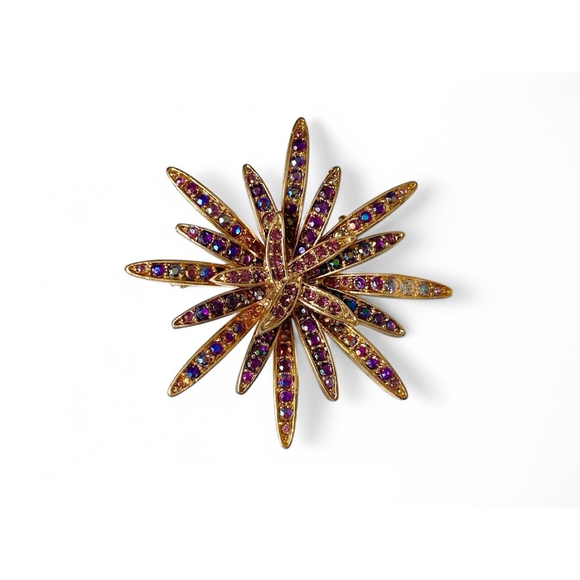Vintage Purple Aurora Borealis Austrian Crystal Goldtone Starburst Brooch Pin. - Picture 2 of 5